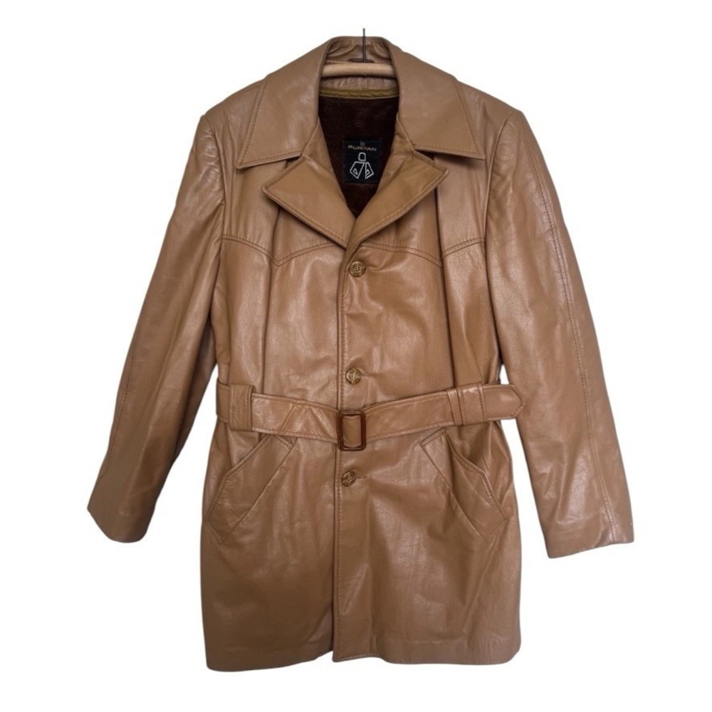 VTG 70s Leather Trench Belted Coat Disco Mod Lined Men's Size 42/Medium Brown